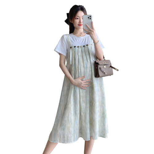8個尺碼~設計感紥染假兩件孕婦連衣裙夏季新款溫柔風孕婦裝裙子