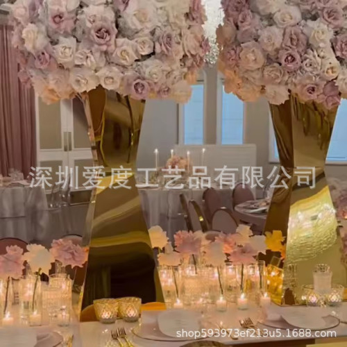 新款婚慶道具金色不鏽鋼餐桌花器生日派對婚禮酒店美陳裝飾品擺件