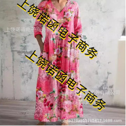 2024夏季新款歐美女裝寬松時尚高級V領印花連衣裙