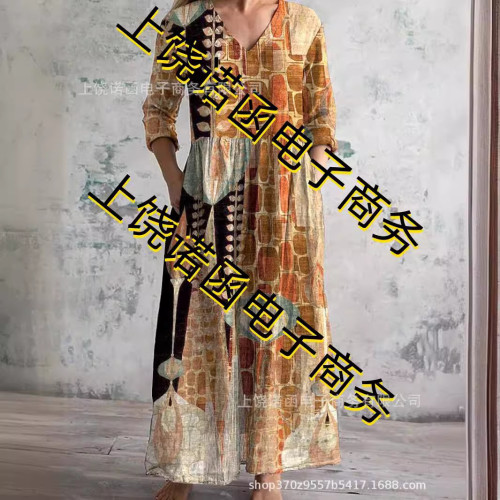 2024夏季新款歐美女裝寬松時尚高級V領印花連衣裙
