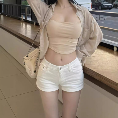 韓版自然豐胯牛仔短褲2024夏季純色百搭低腰修身顯瘦顯腰臀比熱褲