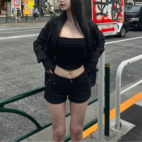 韓版自然豐胯牛仔短褲2024夏季純色百搭低腰修身顯瘦顯腰臀比熱褲