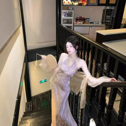 Sun雅喬【紫鳶】夏季新中式改良連衣裙紫色性感無袖長款旗...
