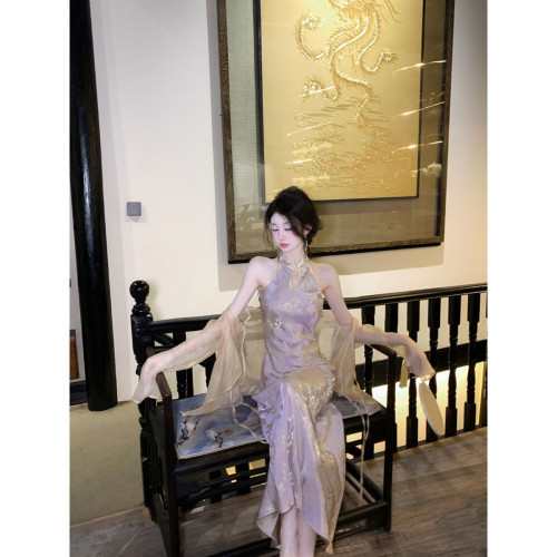 Sun雅喬【紫鳶】夏季新中式改良連衣裙紫色性感無袖長款旗...