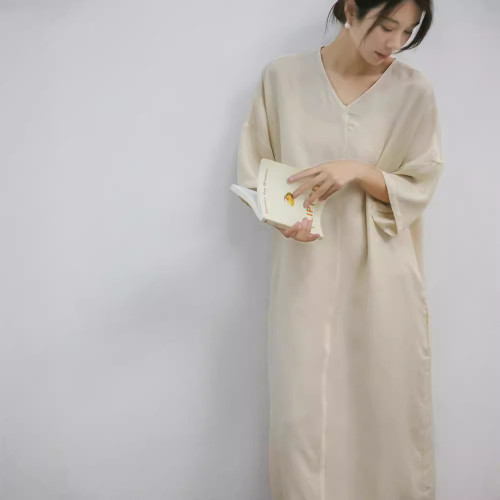 2024女士 春夏秋銅氨絲長款V領氣質連衣裙袍子  