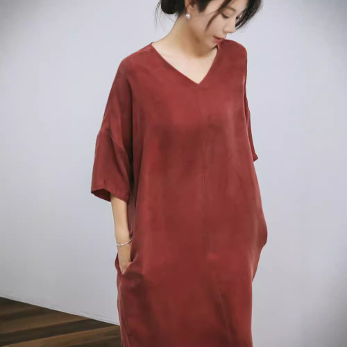 2024女士 春夏秋銅氨絲長款V領氣質連衣裙袍子  