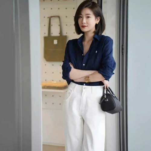 RL小馬標刺綉亞麻襯衫女經典老錢風明星同款時尚穿搭休閒通勤襯衣