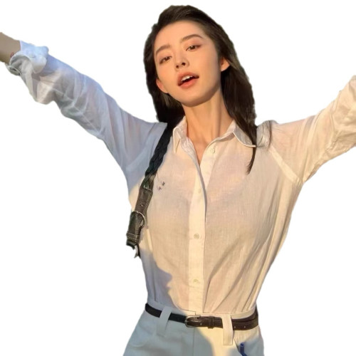 RL小馬標刺綉亞麻襯衫女經典老錢風明星同款時尚穿搭休閒通勤襯衣