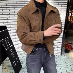 時尚休閒純色前中雙拉鍊小翻領男裝小夾克外套男