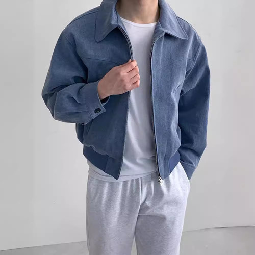 時尚休閒純色前中雙拉鍊小翻領男裝小夾克外套男