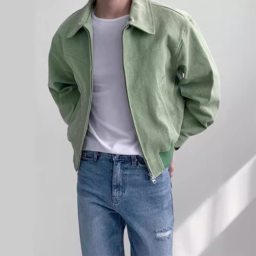 時尚休閒純色前中雙拉鍊小翻領男裝小夾克外套男
