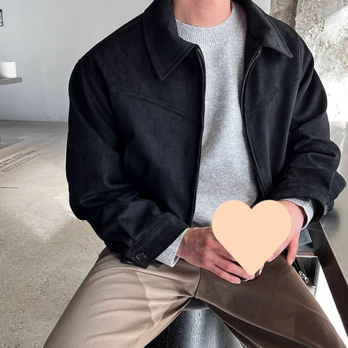 時尚休閒純色前中雙拉鍊小翻領男裝小夾克外套男