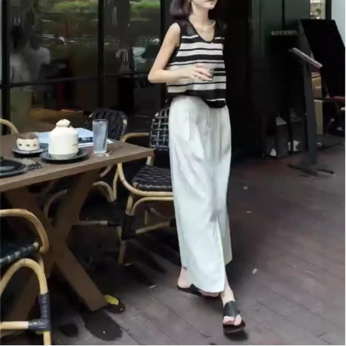 70097大愛美依緣2025新款韓版時尚無袖條紋背心高腰開叉半身裙女