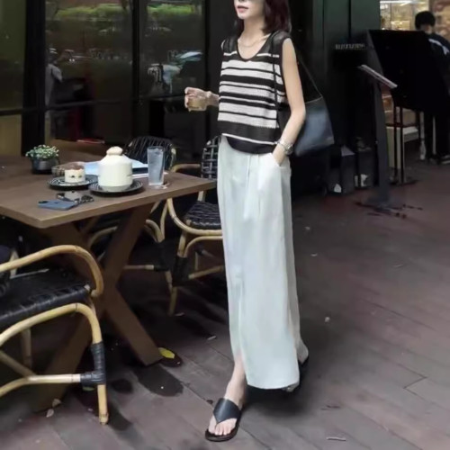 70097大愛美依緣2025新款韓版時尚無袖條紋背心高腰開叉半身裙女