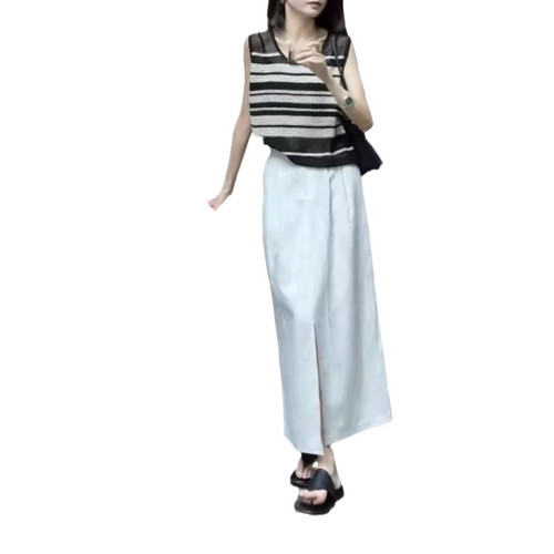 70097大愛美依緣2025新款韓版時尚無袖條紋背心高腰開叉半身裙女