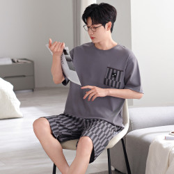 夏季新款時尚男士睡衣純棉短袖短褲寬松薄款大碼套裝簡約風家居服