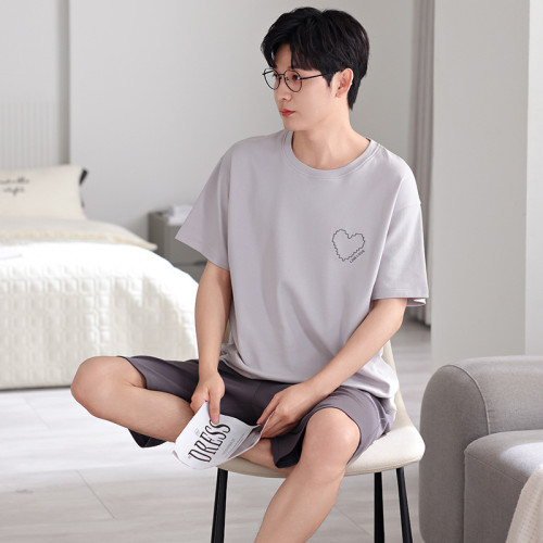 夏季新款時尚男士睡衣純棉短袖短褲寬松薄款大碼套裝簡約風家居服