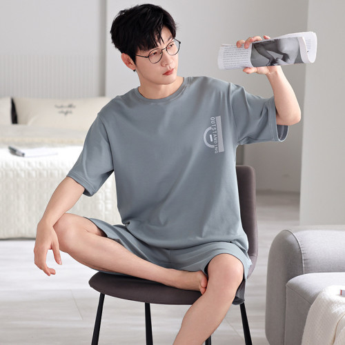 夏季新款時尚男士睡衣純棉短袖短褲寬松薄款大碼套裝簡約風家居服
