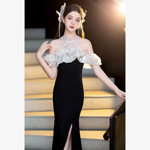 兒童禮服黑色鋼琴考級小提琴演奏長款女童禮服演出服氣質小主持人