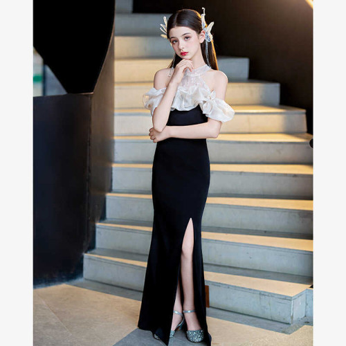 兒童禮服黑色鋼琴考級小提琴演奏長款女童禮服演出服氣質小主持人