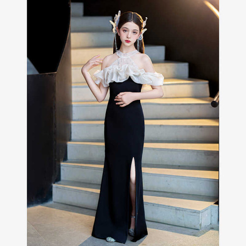 兒童禮服黑色鋼琴考級小提琴演奏長款女童禮服演出服氣質小主持人