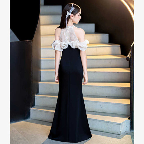 兒童禮服黑色鋼琴考級小提琴演奏長款女童禮服演出服氣質小主持人