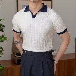 夏季透氣意式拼色輕熟潮男Polo衫V翻領彈力提花紋理修身短袖針織