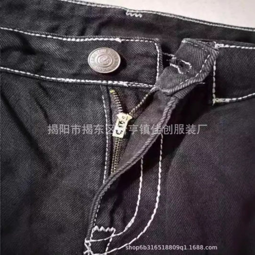 美式高街潮牌True牛仔褲男白色粗線宗教大彿信仰直筒寬松休閒褲潮