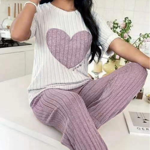 甜美愛心睡衣女套裝秋季新款氣質圓領短袖長褲兩件套舒適家居服潮