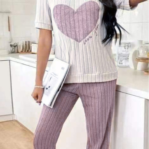 甜美愛心睡衣女套裝秋季新款氣質圓領短袖長褲兩件套舒適家居服潮