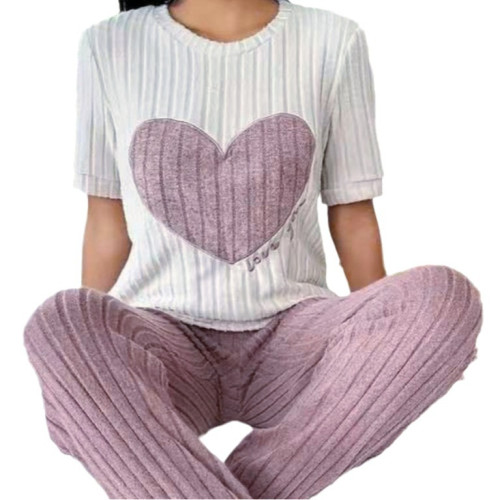 甜美愛心睡衣女套裝秋季新款氣質圓領短袖長褲兩件套舒適家居服潮