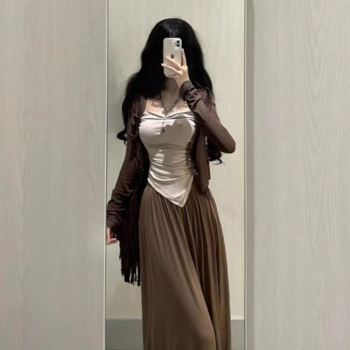 三件套女2025秋季新款純欲風辣妹長袖開衫外套吊帶背心濶腿褲