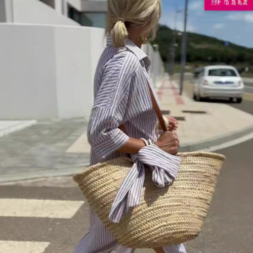 歐美獨立站 新款條紋襯衣開叉開叉連衣裙夏季襯衫