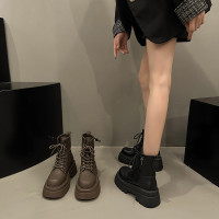 美式復古英倫風粗跟厚底馬丁靴女款2025新款秋冬棕色百搭短筒靴子