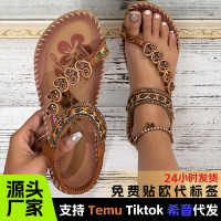 波西米亞民族風女鞋時尚沙灘平底涼鞋串珠鑽石夾腳鞋波西米亞涼鞋