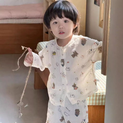 2025春秋兒童棉紗布家居服套裝韓版寶寶卡通長袖長褲兩件套男女童