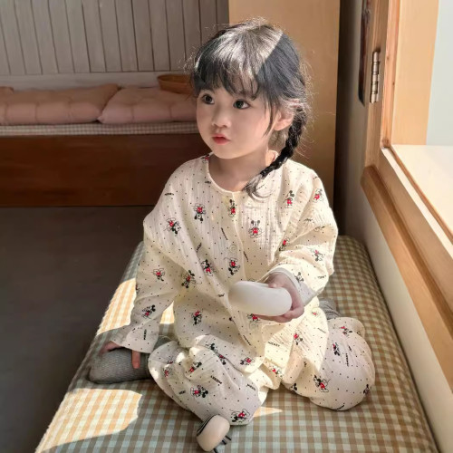 2025春秋兒童棉紗布家居服套裝韓版寶寶卡通長袖長褲兩件套男女童