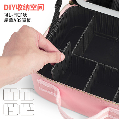 PU皮質化妝包帶鏡子大容量化妝師專用LED燈化妝鏡多功能收納包箱
