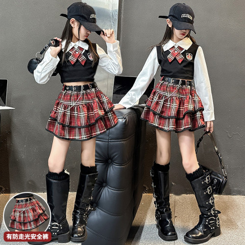 桔子虎女童學院風JK套裝兒童洋氣格子半身裙長袖假兩件襯衫甜酷女