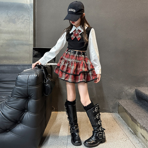 桔子虎女童學院風JK套裝兒童洋氣格子半身裙長袖假兩件襯衫甜酷女