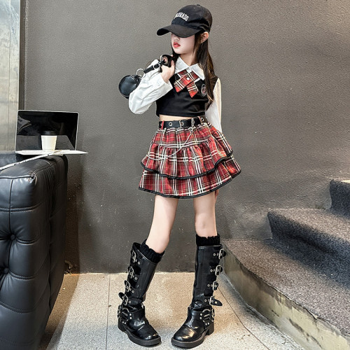 桔子虎女童學院風JK套裝兒童洋氣格子半身裙長袖假兩件襯衫甜酷女