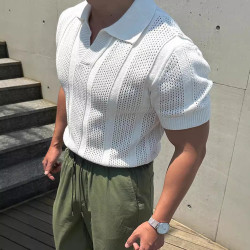 美式絲光棉冰絲polo衫男透氣鏤空短袖衛衣翻領網眼緊袖針織t恤衫