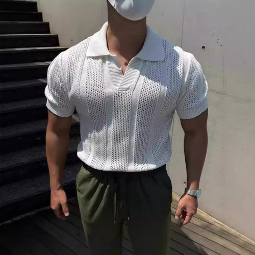 美式絲光棉冰絲polo衫男透氣鏤空短袖衛衣翻領網眼緊袖針織t恤衫