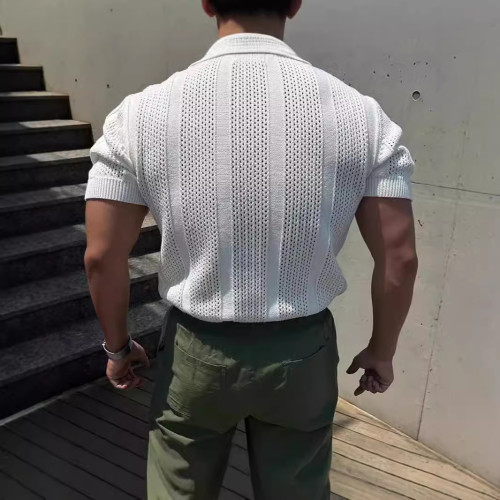美式絲光棉冰絲polo衫男透氣鏤空短袖衛衣翻領網眼緊袖針織t恤衫