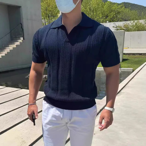 美式絲光棉冰絲polo衫男透氣鏤空短袖衛衣翻領網眼緊袖針織t恤衫