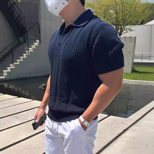 美式絲光棉冰絲polo衫男透氣鏤空短袖衛衣翻領網眼緊袖針織t恤衫