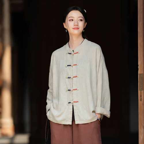 25新款原創棉麻女裝復古國風盤釦撞色纏線上衣開衫女禪意苧麻外套