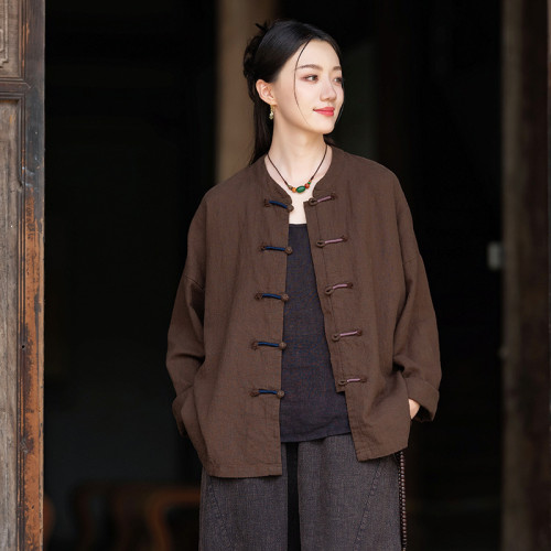 25新款原創棉麻女裝復古國風盤釦撞色纏線上衣開衫女禪意苧麻外套