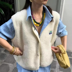 無袖毛毛短款馬甲上衣2024歐美時尚女寬松單排釦背心外套