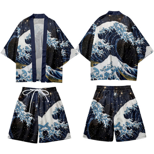 2025新款創意七分袖和服道袍沙灘褲套裝